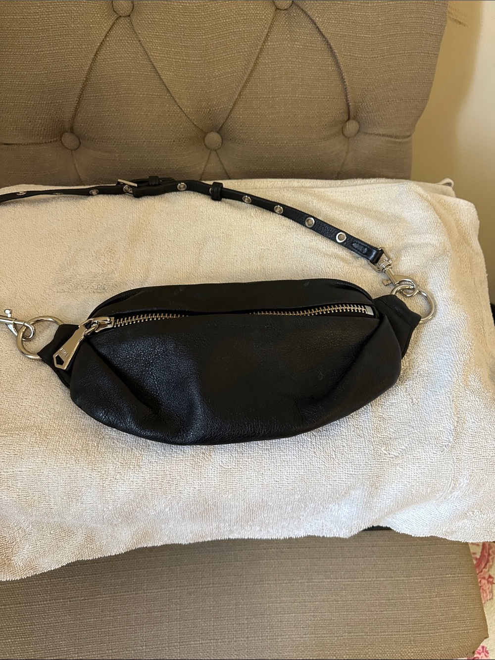 Aimee Kestenberg Black Leather Crossbody Belt Bag with Silver Hardware used